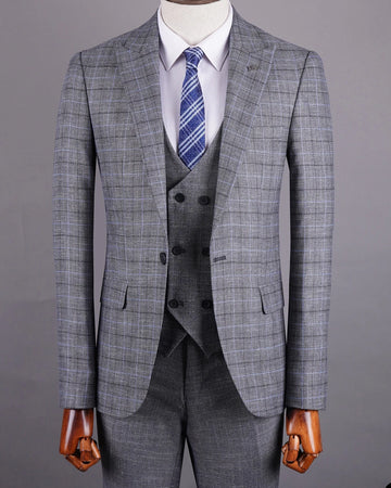 Aidase Gray Men's Suit 3 Pieces Blazer Vest Pants One Button Peaked Lapel Formal Plaid Stripes Wedding Groom Tailored Costume Homme aidase-shop